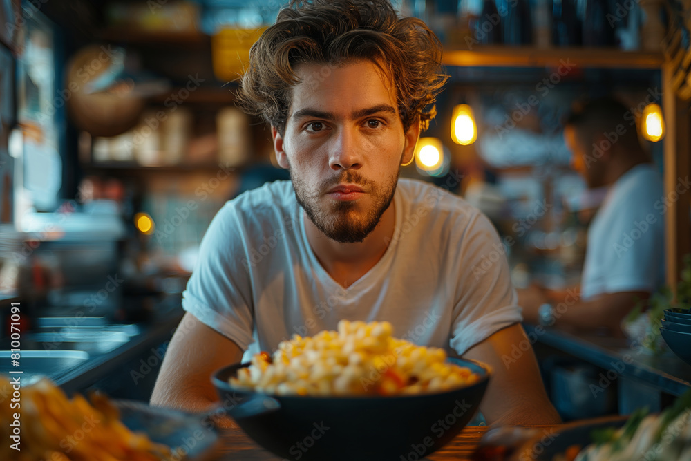 Man contemplating a bowl of pasta Man contemplating a bowl of pasta