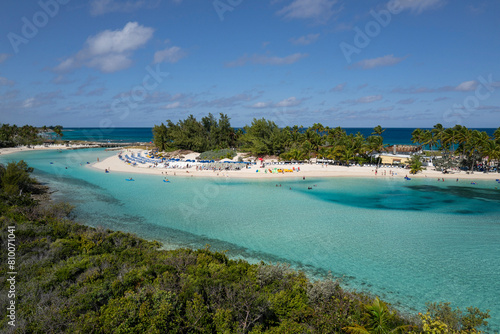 Beautiful beach in the Island Perfect Day at CocoCay. This is a private island belonging to the Royal Caribbean company, used for their passengers and tourists on their cruise ships. Bahamas, Feb 2021