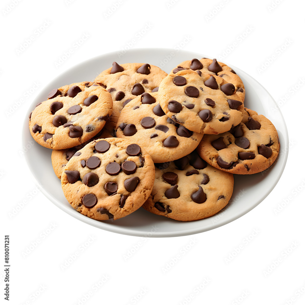 Plate with tasty chocolate chip cookies isolated on transparent background Generative Ai. Plate with tasty chocolate chip cookies isolated on transparent background Generative Ai.
