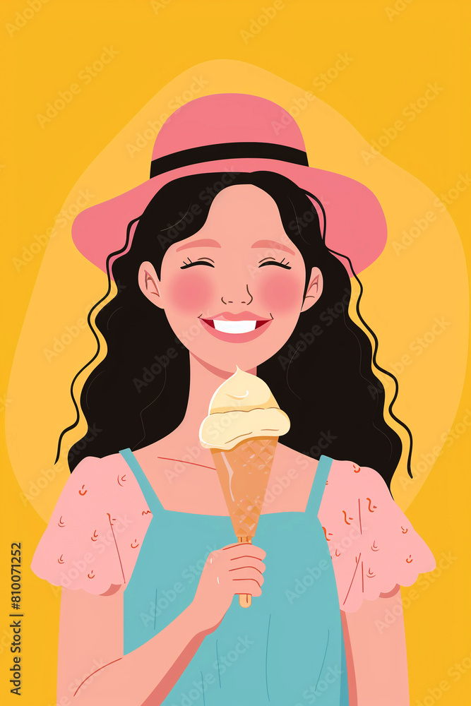 Fashionable beautiful woman in a dress and hat holds an ice cream cone on a yellow background. Fashionable beautiful woman in a dress and hat holds an ice cream cone on a yellow background.