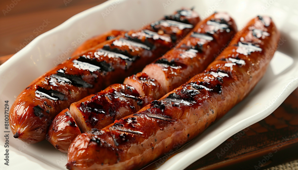 Delicious grilled sausages arranged on a white plate, ready to eat, seen from above, which creates an appetizing impression and encourages you to taste it. Delicious grilled sausages arranged on a white plate, ready to eat, seen from above, which creates an appetizing impression and encourages you to taste it.