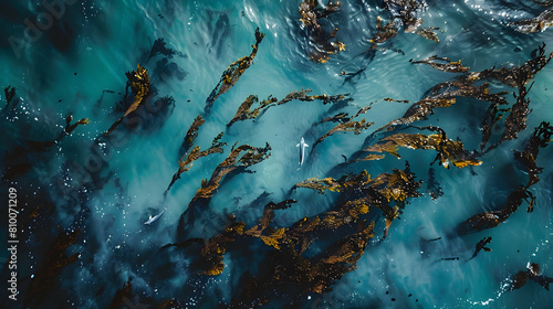 An aerial perspective of a kelp forest near the coast, showing the sprawling nature of the kelp from above, with the turquoise sea subtly shifting into deeper blues photo