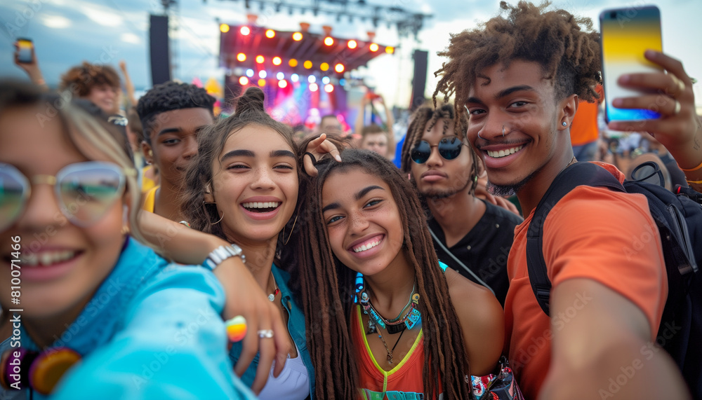 featuring a group of young friends at a music festival, taking selfies with the stage and crowd in the background, enjoying the vibrant atmosphere together, Multi ethnic, friendshi featuring a group of young friends at a music festival, taking selfies with the stage and crowd in the background, enjoying the vibrant atmosphere together, Multi ethnic, friendshi