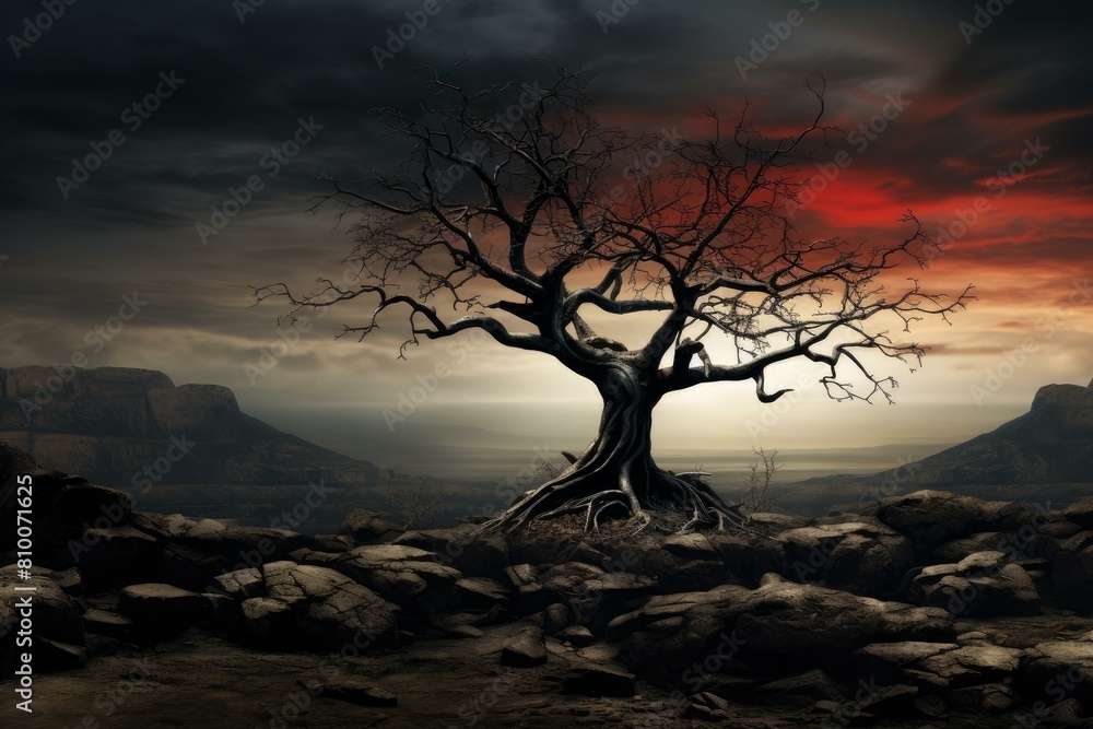 Surreal scenery with barren tree against vivid sunset and mountain backdrop