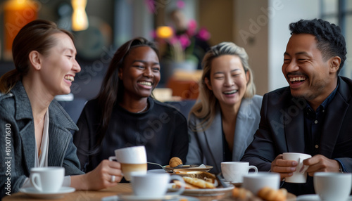 capturing an informal moment as a diverse team shares coffee and snacks in a lounge area, their expressions relaxed and happy, Diverse team, businesspeople, multicultural people, w