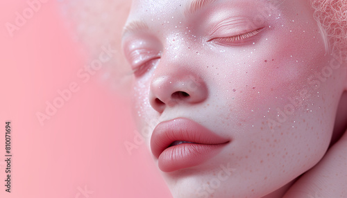 Sensitive close-up face portrait of beautiful Albino young woman with clean skin and fancy pink glitter make-up. Diverse human beauty  fashion industry and skin care concepts..