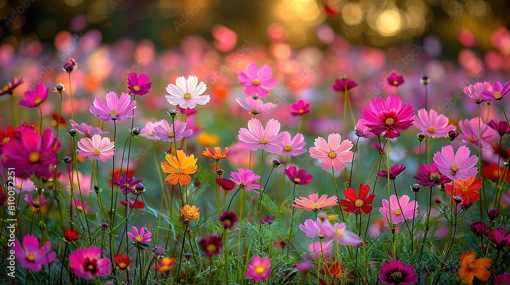 A field brimming with vivid blossoms, framed by a hazy sun image afar A field brimming with vivid blossoms, framed by a hazy sun image afar