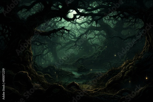 Captivating digital artwork of an enchanted forest twilight scene with mystical  magical trees and ethereal atmosphere