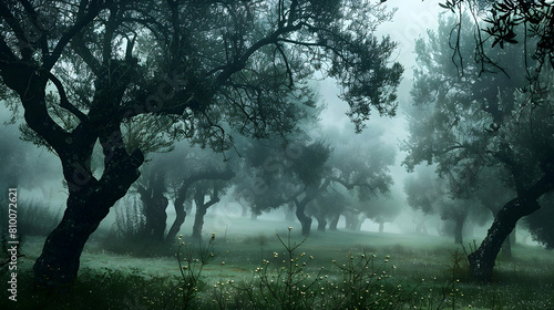 An atmospheric shot of a misty olive grove at dawn, the mist softening the outlines of the trees and creating a mystical ambiance photo