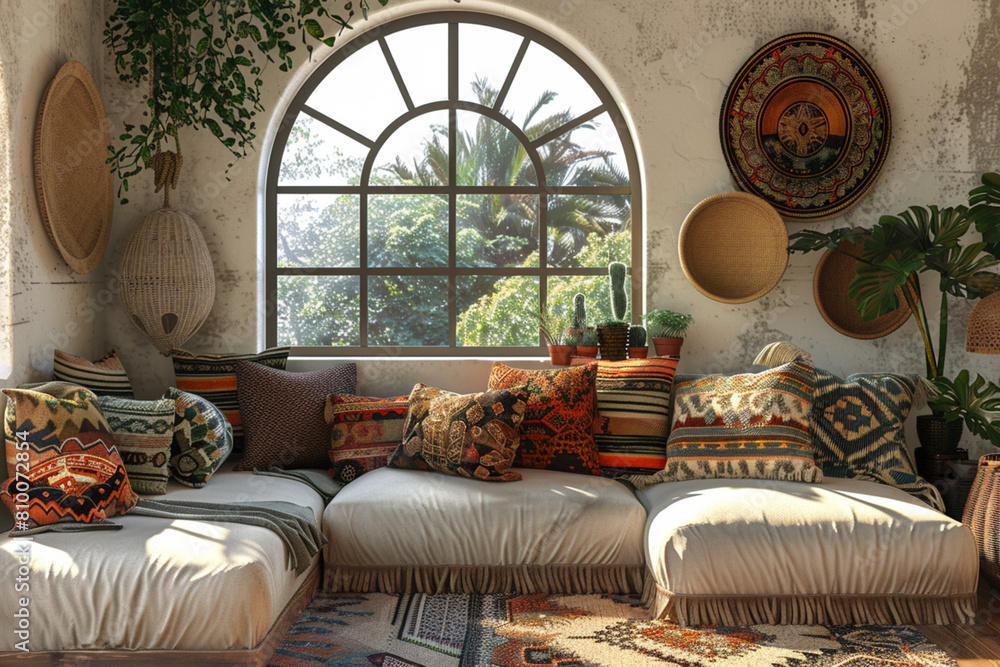 Boho style living room interior design With a corner sofa filled with colorful patterned pillows and a large arched window. Boho style living room interior design With a corner sofa filled with colorful patterned pillows and a large arched window.