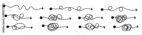Complex and easy simple way from start to end. Chaos simplifying, problem solving and business solution searching challenge concept. Hand drawn doodle scribble chaos path lines. Arrows set. 