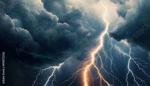 lightning strikes illuminating a dark, stormy sky, showcasing the raw power and chaos of nature