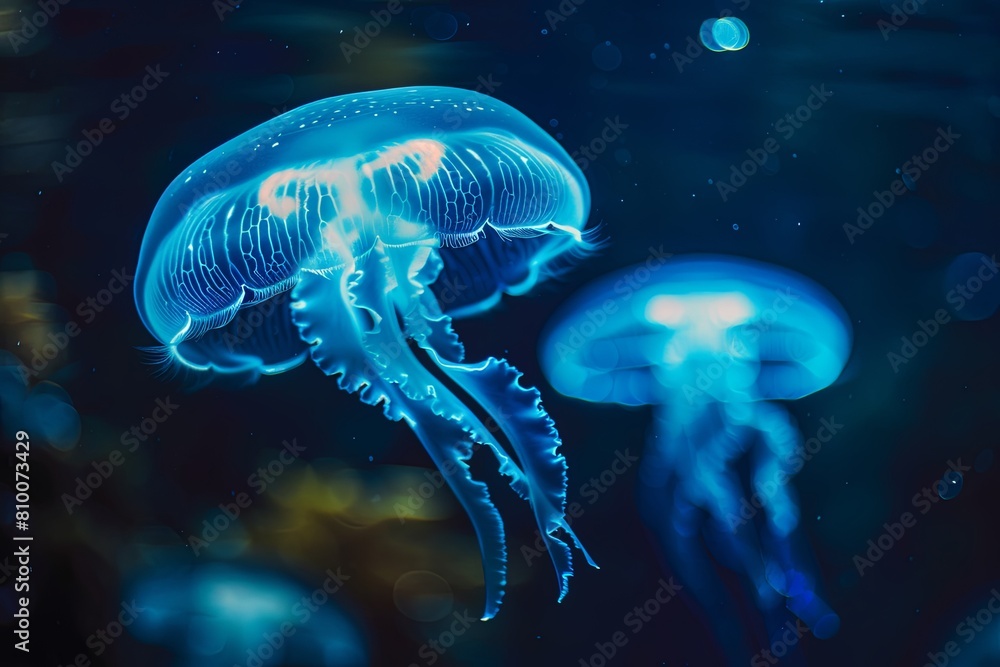 Naklejka premium Bioluminescent blue jellyfish in the deep dark ocean waters.