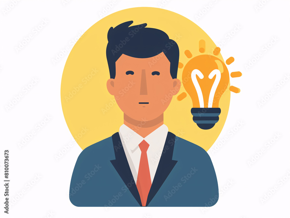 Illustration of a man with glasses stands in front of a light bulb with a smile on his face. Illustration of a man with glasses stands in front of a light bulb with a smile on his face.