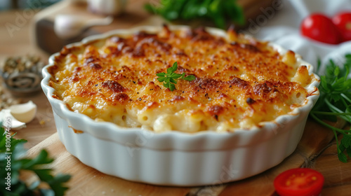 Baked mac and cheese in a casserole garnished with parsley on a rustic wooden table.