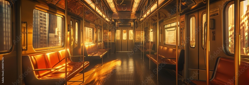 Inside empty subway car, metro car empty interior in sunset