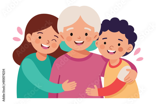 Granny and grandchildren are hugging  happy grandmother with smiling kids vector design
