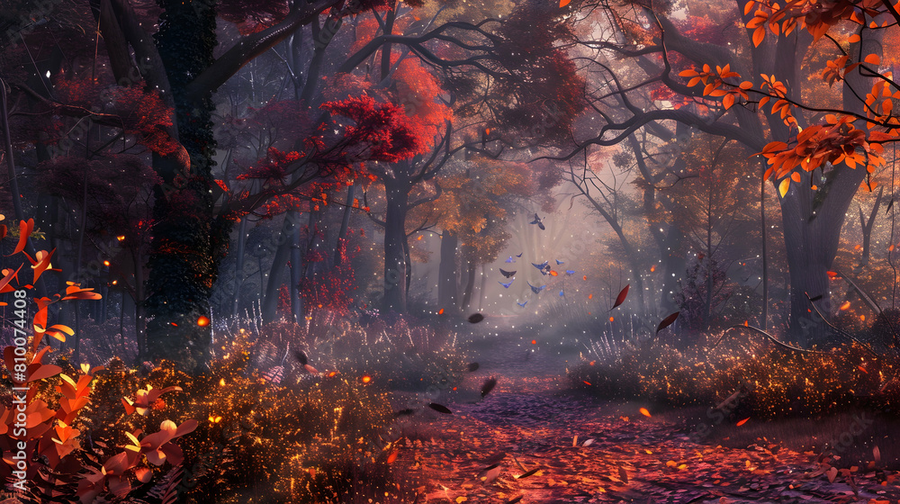 An enchanting deciduous forest in late fall, the ground covered with a thick layer of crisp, colorful leaves, and a hint of frost in the air An enchanting deciduous forest in late fall, the ground covered with a thick layer of crisp, colorful leaves, and a hint of frost in the air