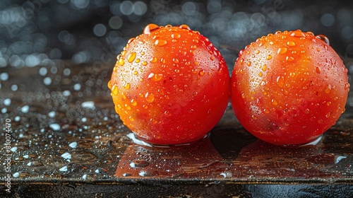  A few tomatoes rest atop a moisture-stained wooden table