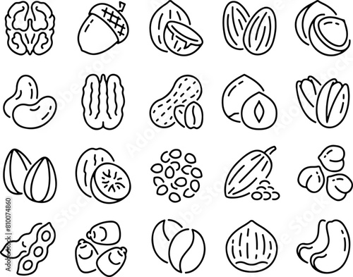 Pixel perfect icon set of nuts, peanuts, hazelnuts, walnuts, cashews, pistachios, almond, food. Thin line icons flat vector illustrations editable stroke isolated on transparent background