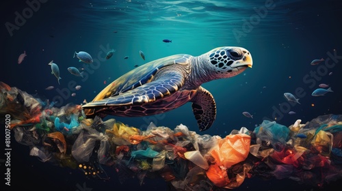 a sea turtle navigating through clear ocean waters heavily littered with colorful plastic debris  highlighting environmental concerns.