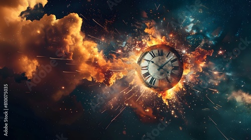 Time running out, a clock exploding in flames