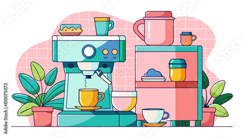 Vibrant Kitchen Appliances and Cookware Illustration with Plants