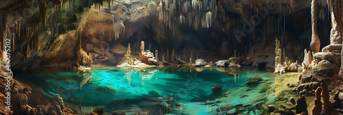 An expansive view of a large aquifer opening, with a pool of azure water surrounded by stalactites and stalagmites