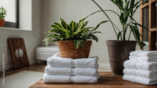 White towels stacked next to potted plants © Igor Greluk
