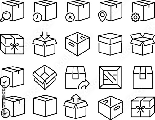 Pixel perfect icon set of package box delivery parcel import export return distribution. Thin line icons flat vector illustrations isolated on white and transparent background