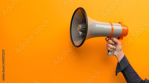 White megaphone or bullhorn floating over orange background business announcement or communication concept with copy space