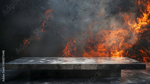 Black matte rock podium with flames on black volcanic lava mountain background for product presentation.