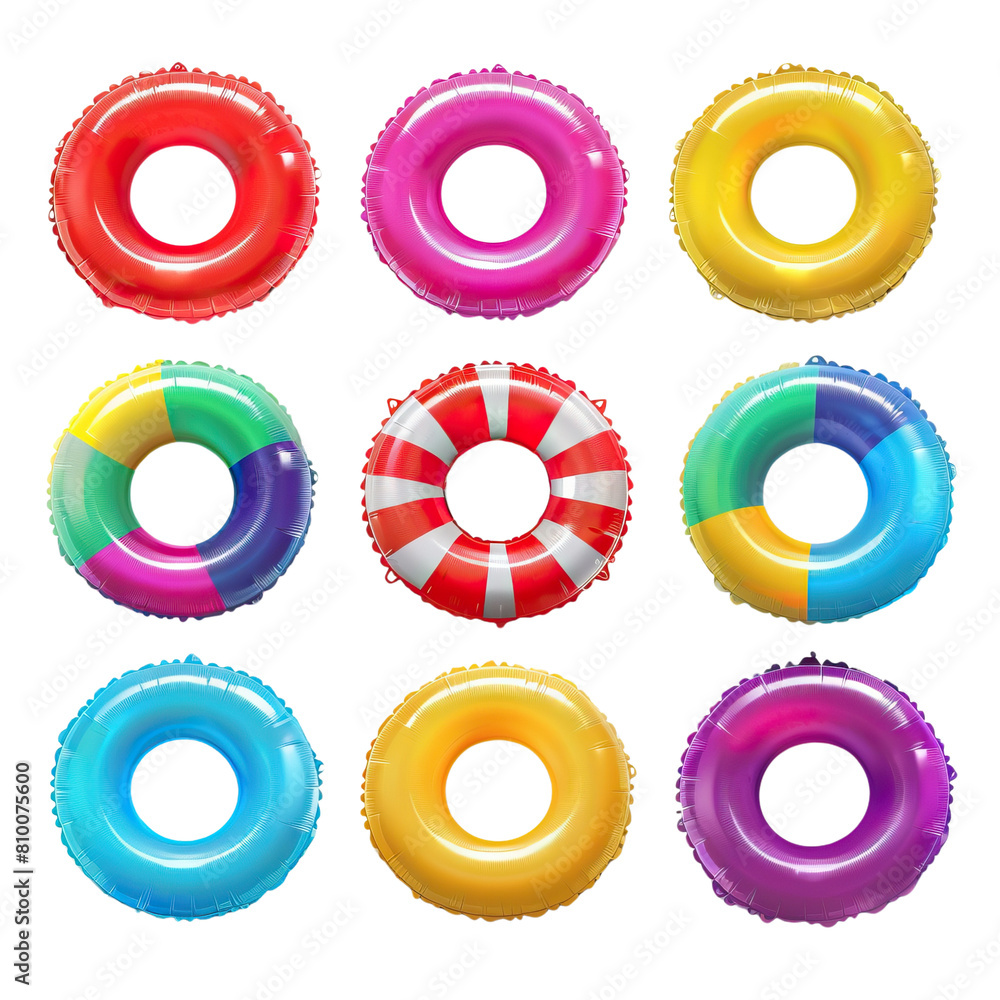 9 colorful lifebuoys on a transparent background. Lifebuoys of different colors. 9 colorful lifebuoys on a transparent background. Lifebuoys of different colors.
