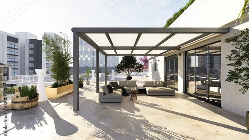 3D render of luxury top floor urban apartment patio with pergola. Outdoor furniture with city view in background. Horizontal truck shot. photo