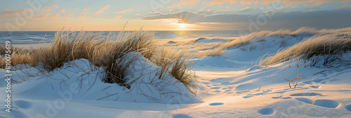 An expansive view of coastal dunes covered in light frost on a chilly morning  with the sun just peeking over the horizon  casting a warm glow