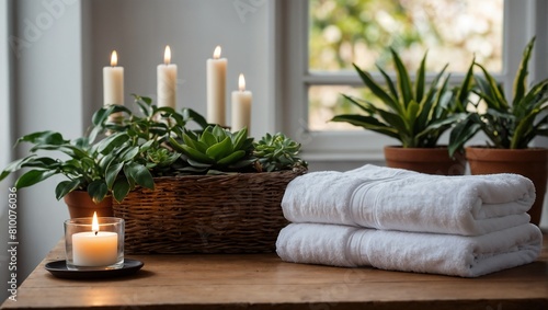 White towels stacked next to potted plants