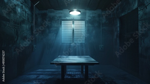 Empty table in the dark prison cell photo