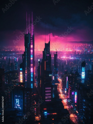 Neon-Lit Cyberpunk City, Illustration Capturing Moody Night Scene in Futuristic Urban Environment © xKas