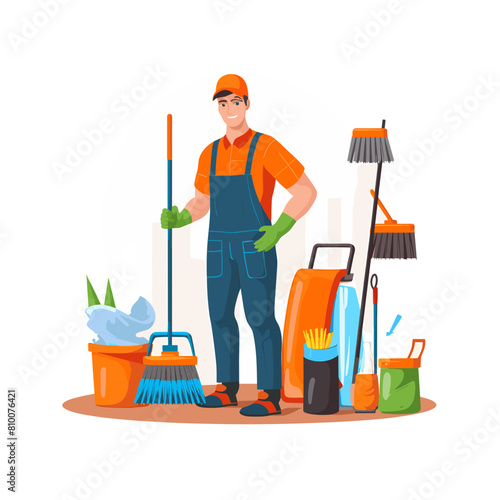 a drawing of a man with a broom and a bucket of cleaning tools