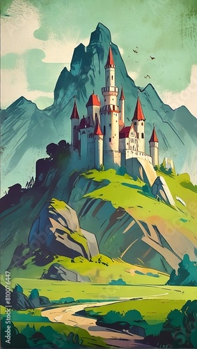 Beautiful fairy tale castle in green pastures and hills. Illustration. Generative AI