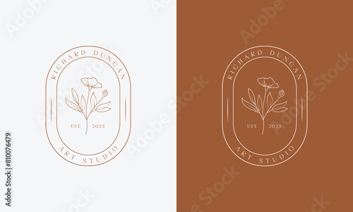 Floral element Botanical Hand Drawn Logo with Wild Flower and Leaves. Logo for spa and beauty salon, boutique, organic shop, wedding, floral designer, interior, photography, cosmetic