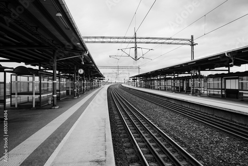 View of a train station in black and white