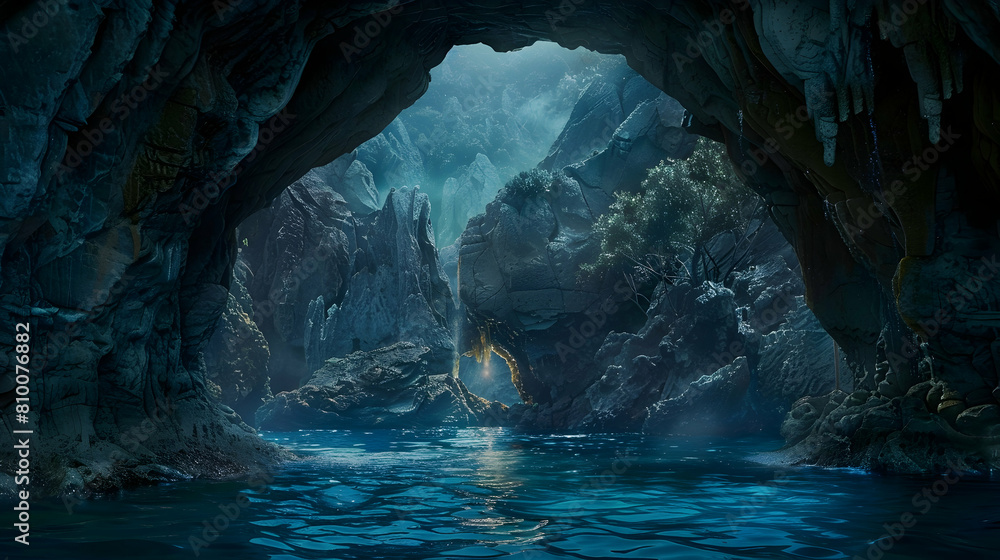 An underground aquifer seen through a natural archway, highlighting the contrast between the dark rocks and the luminous water An underground aquifer seen through a natural archway, highlighting the contrast between the dark rocks and the luminous water