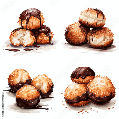 Golden coconut macaroons dipped in rich chocolate, featuring a crisp exterior and chewy center. A delightful treat for dessert lovers, bakeries, and food photography.
