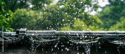 A closeup of rain pouring down onto the roof and eaves of an old wooden house.