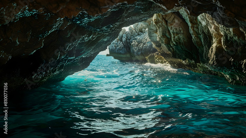 An underground aquifer seen through a natural archway  highlighting the contrast between the dark rocks and the luminous water