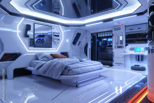 A futuristic cyber-themed bedchamber with high-tech amenities high resorution