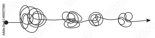 Complex and easy simple way from start to end. Chaos simplifying, problem solving and business solution searching challenge concept. Hand drawn doodle scribble chaos path lines. Arrows set. 