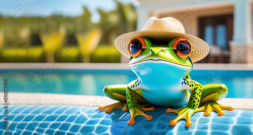 Banner frog tourist sunbathing by the pool in a straw hat and sunglasses 