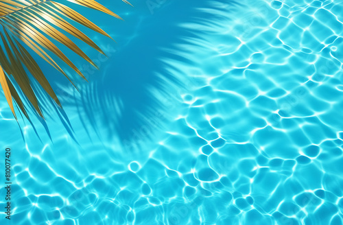 Aqua waves and coconut palm shadow on blue background. Water pool texture top view.Tropical summer mockup design. Luxury travel holiday. 3d render 